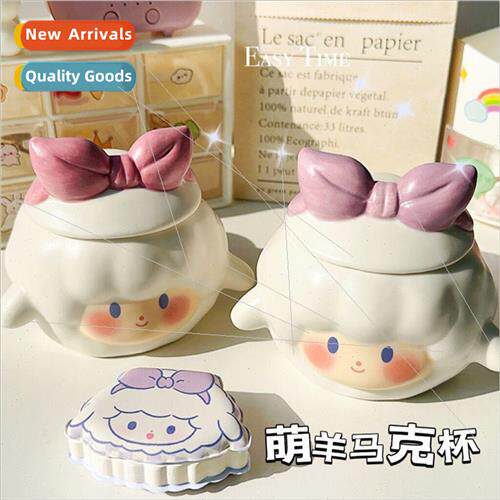 Creative cute sheep mug with lid large capacity ceramic cup
