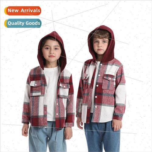 Childrens fall and winter plaid milled hooded long-sleeved j