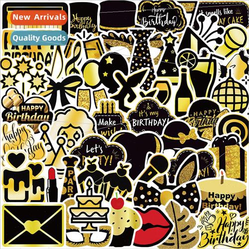 50 Black Gold Birthday Party Doodle Stickers Decoration Guit