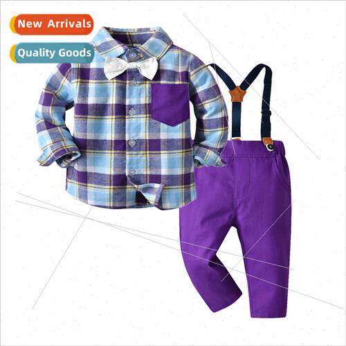 Autumn gentlemans suit new long-sleeved plaid purple shirt b
