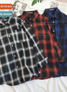 2018 Mens Plaid Shirt Long Sleeve Autumn New Loose Lapel Hon