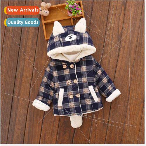 New plaid hooded childrens cotton jacket cartoon bear padded