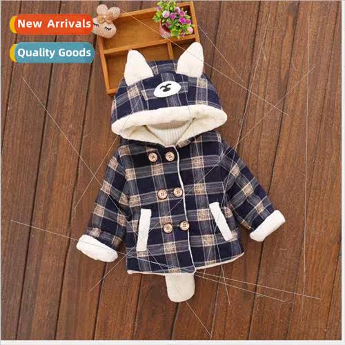 New plaid hooded childrens cotton jacket cartoon bear padded