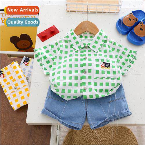 Boys wear two-piece summer new plaid shirt jeans childrens c