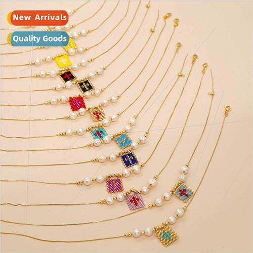 2024 New Niche Fashion Rice Bead Woven Cross Tag Pearl Beade