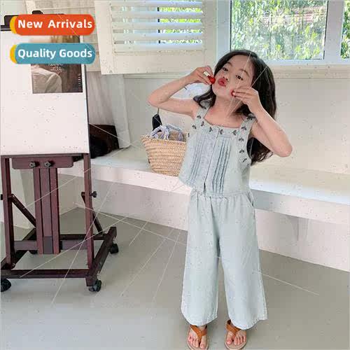 Summer new childrens clothing 适用eign- soft denim suit girl