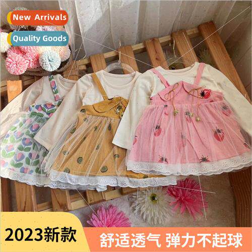 Girls skirt 2023 fall long-sleeved floral dress cute mesh ba