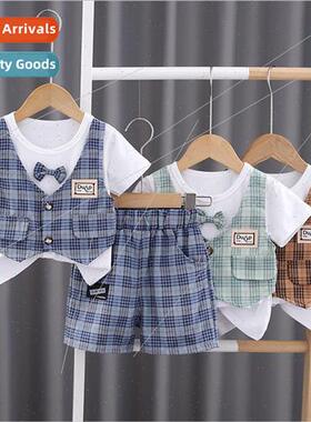 Boys summer clothes plaid vest short-sleeved two-piece set 2