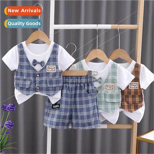 Boys summer clothes plaid vest short-sleeved two-piece set 2