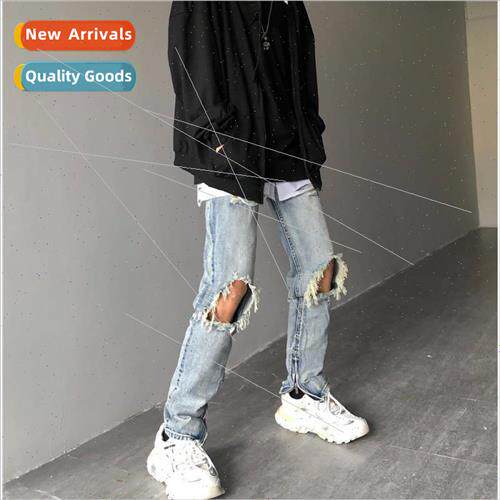 Retro high set washed do old hip-hop hole jeans Slim small f