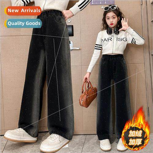 Girls padded jeans 2023 new childrens thickened fall and win