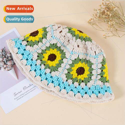 Japanese retro hollow flowers hand-knitted pot hat female fa