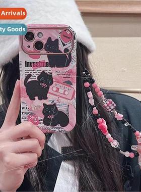 ins girl pink newspaper small black cat 适用 iPhone 13 chain