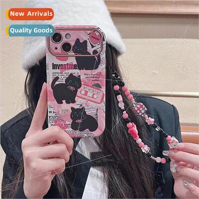 ins girl pink newspaper small black cat 适用 iPhone 13 chain