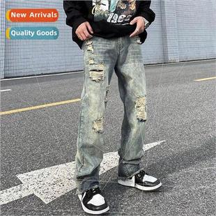 holes hiphop set ins men jeans cut old washed high American