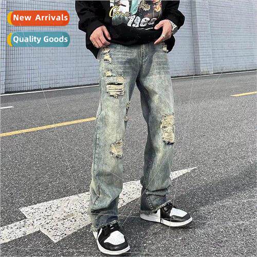 American high set washed old cut holes jeans men ins hiphop