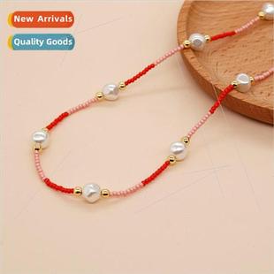 New bohemian  necklace red and pink inter-colored rice beads