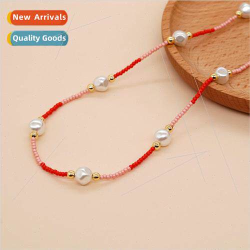 New bohemian  necklace red and pink inter-colored rice beads