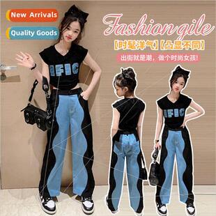 Girls casual high-waisted jeans set 2023 summer new Korean