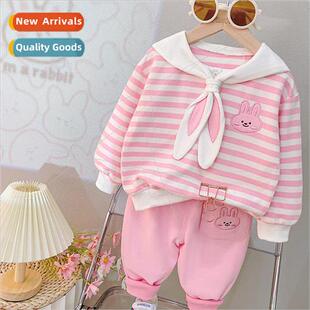 Girls fall striped top pants two-piece childrens navy collar