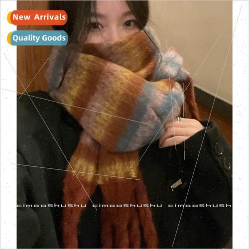 Striped retro thick scarf girls winter 2022 new Korean warm