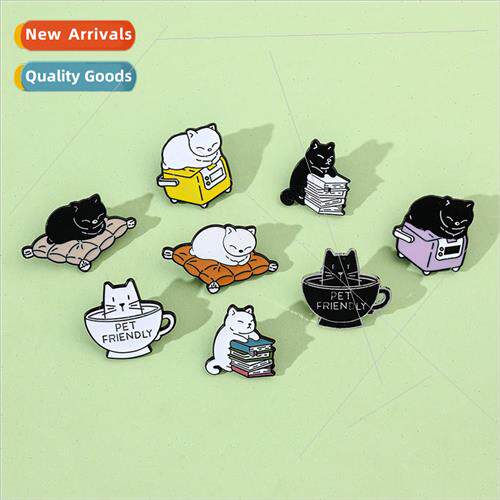Cute cartoon cat brooch kitten reading a book drinking coffe