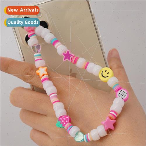 8mm acrylic white large hole beads smiley cell phone lanyard
