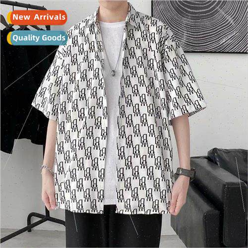 Gang handsome full print short-sleeved shirt men Korean nd i
