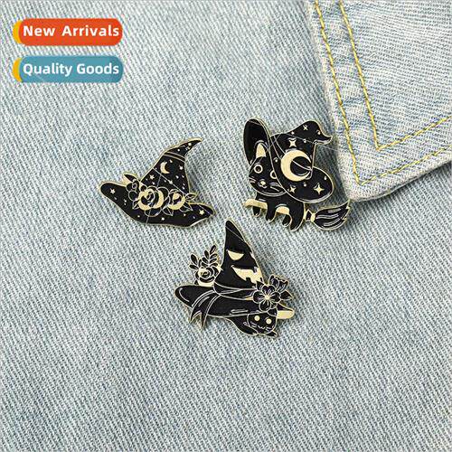Creative new witch hat jewelry brooch cute little black cat