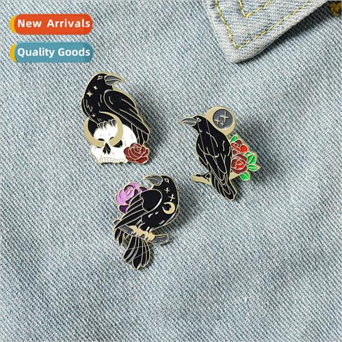 Black Crow Brooch Jewelry Dark Cartoon Animal Crow Skull Ros
