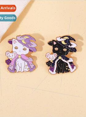 Cute Magic Cat Badge Purple Black and White Cat Moon Mouse B