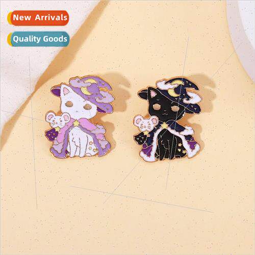 Cute Magic Cat Badge Purple Black and White Cat Moon Mouse B