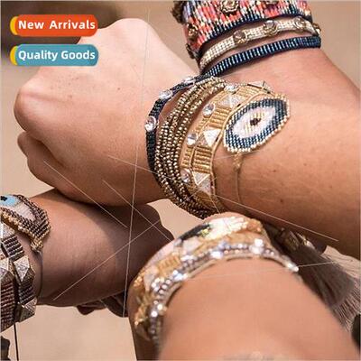 Multi-Layered Crystal Stacked Rice Bead Woven Turkish Blue E