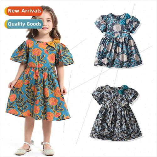 Childrens dress summer girls flower bubble short-sleeved kne