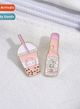 Korean new cute pearl milk tea brooch pink drink cat straw g