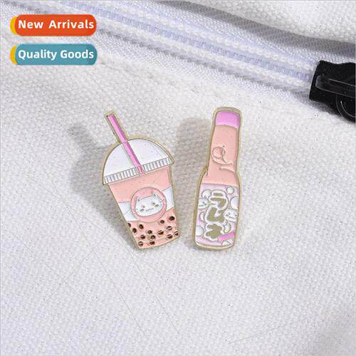 Korean new cute pearl milk tea brooch pink drink cat straw g