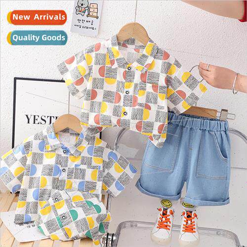 Full print plaid shirt childrens summer suit boys baby breat