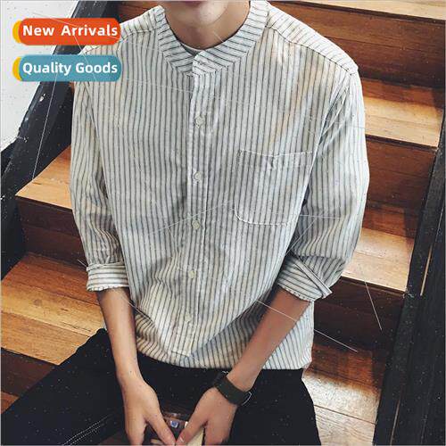 0059 mens five points stand-up collar vertical striped shirt