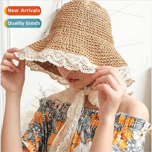 Straw hat female summer lace tie small brim beach hat small