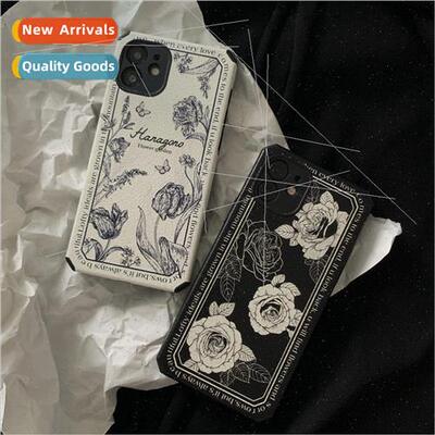 INS retro niche black and white flowers 适用 13Promax Apple