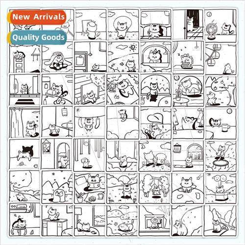 60 black and white simple pen cat stickers ins cute pattern