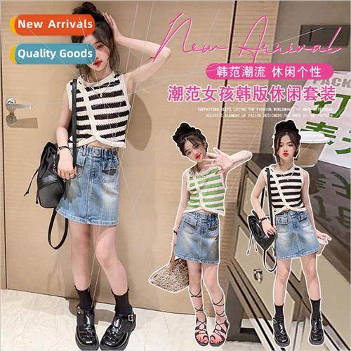 2023 Girls Summer Short Dress Striped Sleeveless Sweater Set图片