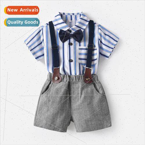 Summer short-sleeved striped shirt boys backpack shorts two-