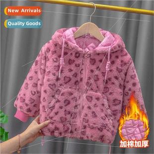 print fleece jacket Girls winter leopard baby children pink