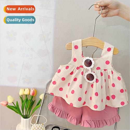 2247 girls summer suit children baby polka dot halter bow to