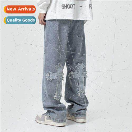 high set cross patch jeans men  hip-hop gangster handsome fr
