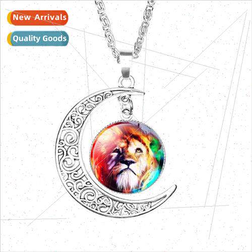 New animal lion crystal moon pendant necklace work