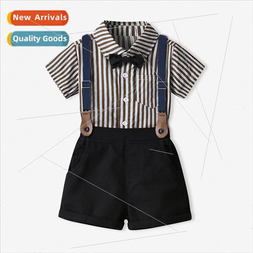 Childrens dresses summer striped lapel bow short-sleeved shi图片