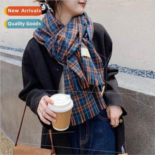 Korean ins blue Scarf long winter plaid female
