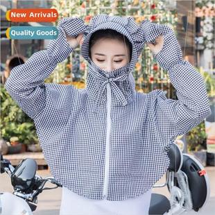 Summer short section hooded sun shirt female plaid cycling f